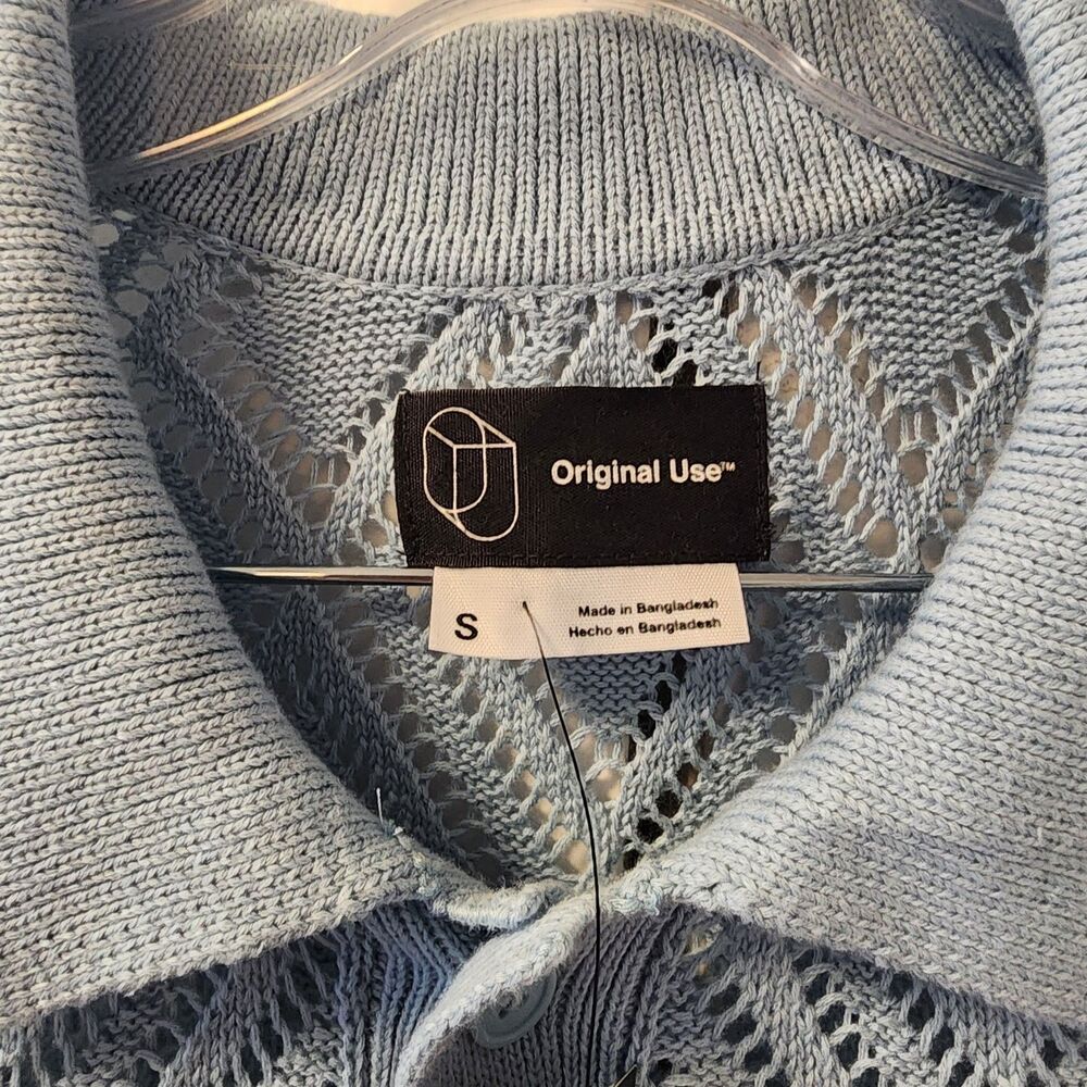 Original Use Mens Blue Crochet Open-Knit Button-Front Collared Cotton Cardigan S - Picture 3 of 7